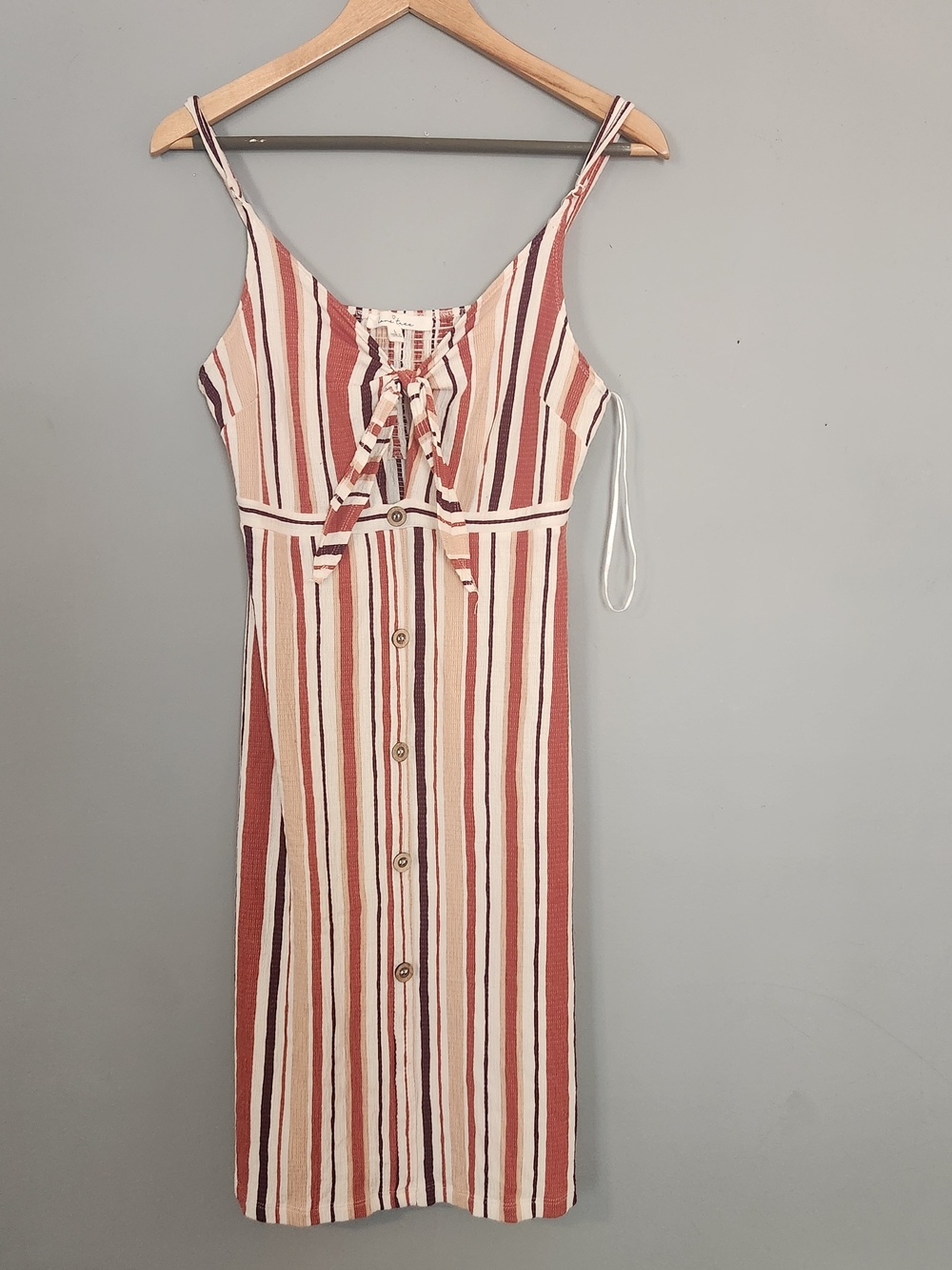 Striped Tie-Front Sleeveless Midi Dress in Rust & Cream